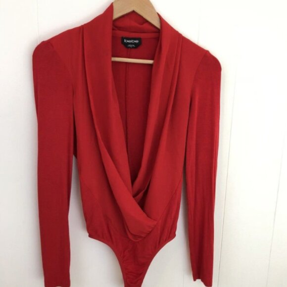 Bebe Red Deep V Bodysuit, Small - Picture 1 of 6